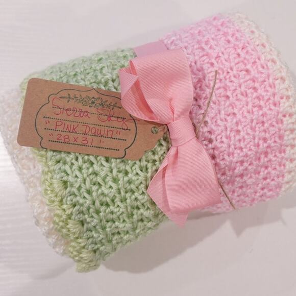 Pink Dawn PINK/SAGE/CREAM Crochet Baby Afghan Blanket, Soft Silky Yarn - Picture 8 of 12